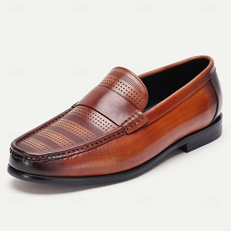 Men's Premium Cowhide Leather Loafers – Perforated Design Slip-On Dress Shoes for Business and Formal Occasions2