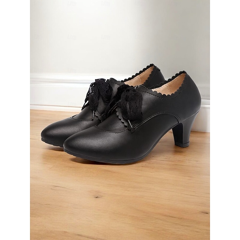 Women's Vintage Gatsby Black Lace-Up Scalloped Low Heels-Retro Oxford Style for Work, Office, or Everyday Wear