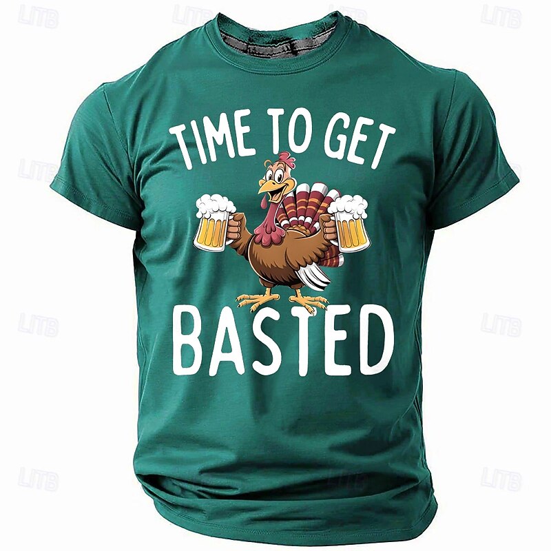 Thanksgiving Day Men's Oktoberfest Beer Turkey T Shirt Short Sleeve T shirt 3D Print Crew Neck Shirt Fashion Athleisure Street Sports Outdoor Daily Lake Blue Black Red Summer Spring Clothing Apparel