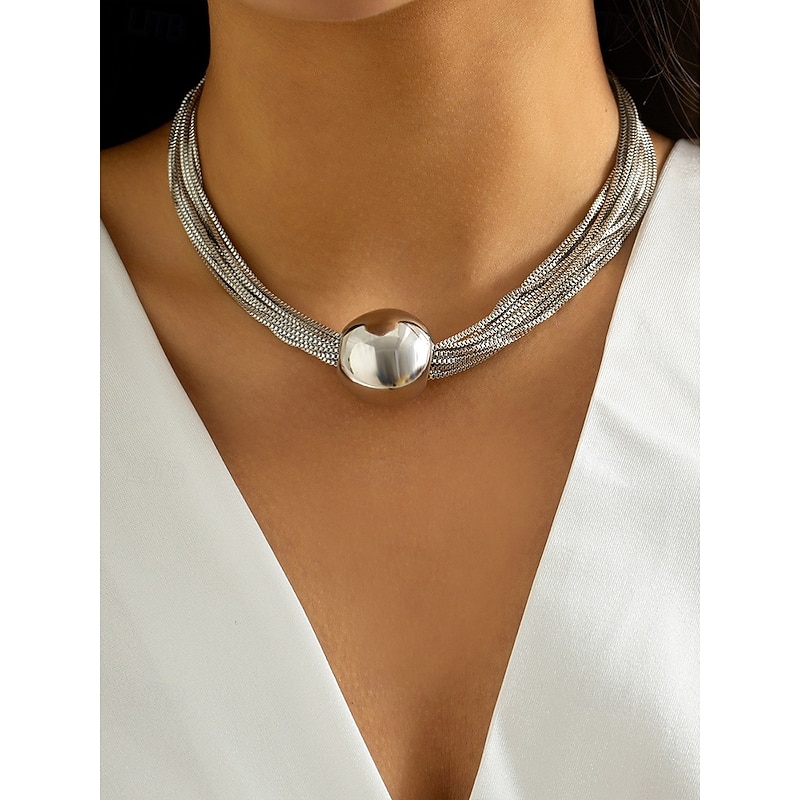 Women's Gold Statement Bracelet and Necklace - Multi-Layer Chain Design with Polished Sphere Pendant, Perfect for Evening Events and Formal Occasions