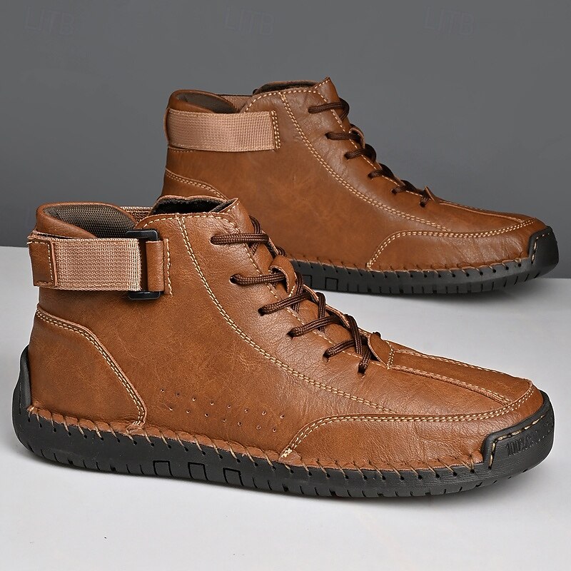 Men's Brown Faux Leather Casual Ankle Boots - Lace-Up Design with Adjustable Strap and Non-Slip Sole for Everyday Comfort2