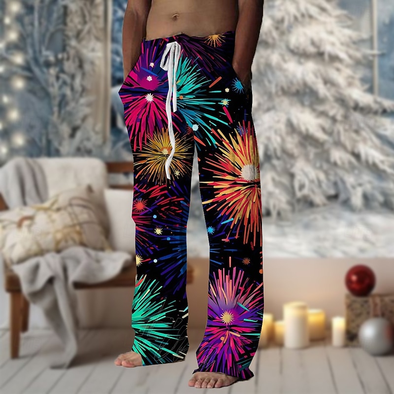 Men's Floral Floral Stripe Pants Trousers Mid Waist Drawstring Elastic Waist Hawaiian Casual Outdoor Vacation Party Evening Wear Straight Leg Trousers Summer Spring Fall 3D Print Blue Purple Orange