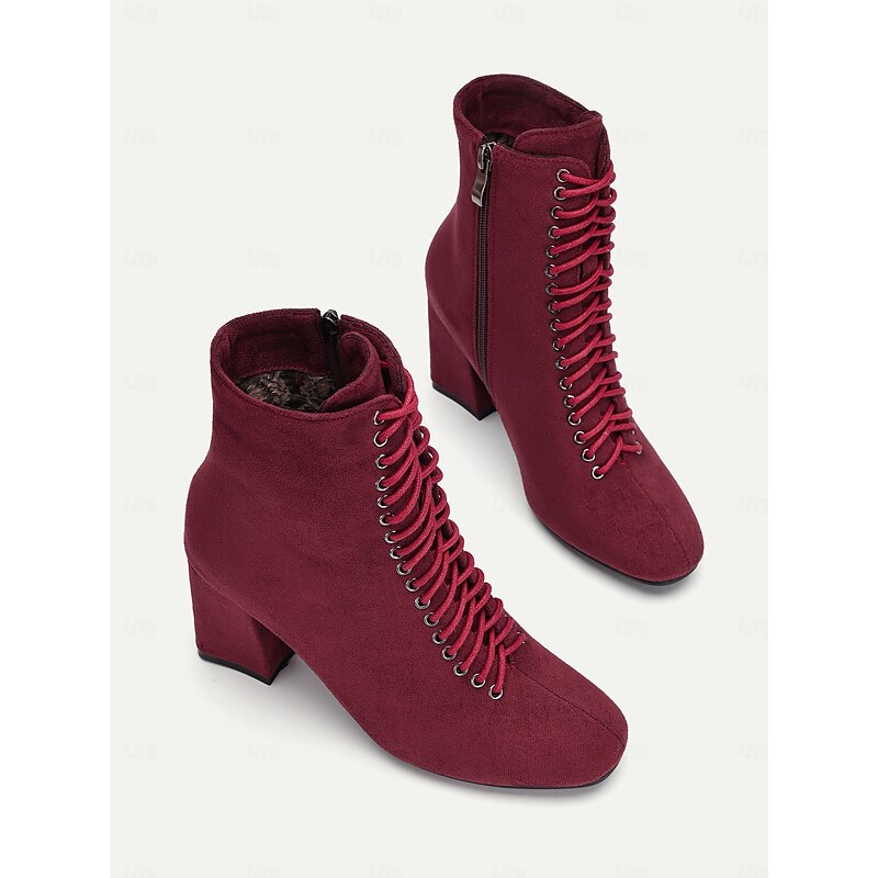 Women's Burgundy Lace-Up Ankle Boots with Block Heels – Chic and Versatile Footwear for Fall Outfits and Casual Wear4