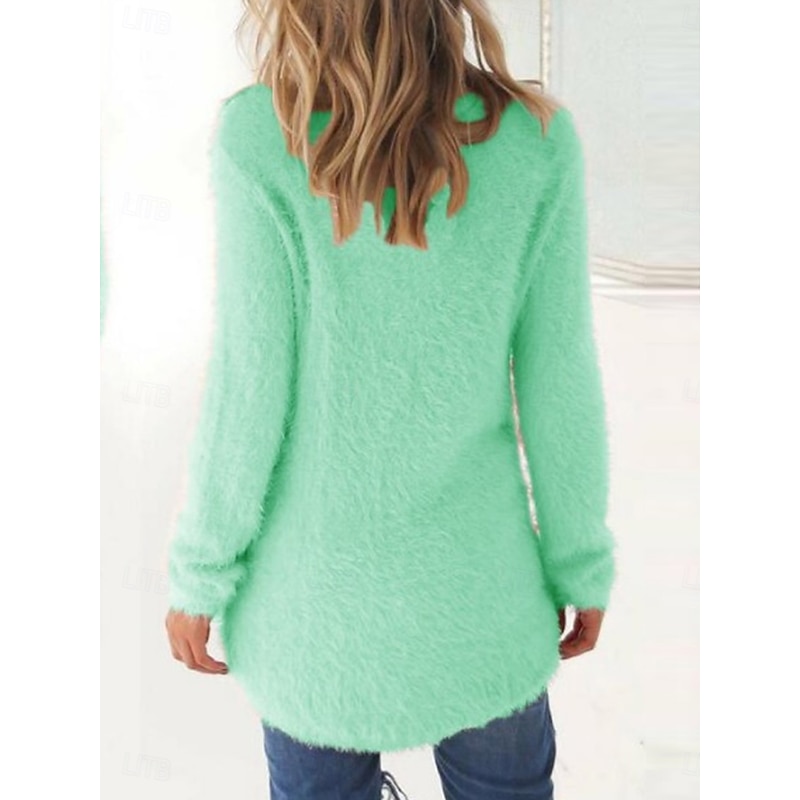 Women's Pullover Sweater Jumper Stylish Casual Soft Solid Color Fuzzy Crew Neck Oversized Long Sleeve Long Tops Knit Outdoor Daily Going out Lake blue ArmyGreen Fall Winter3