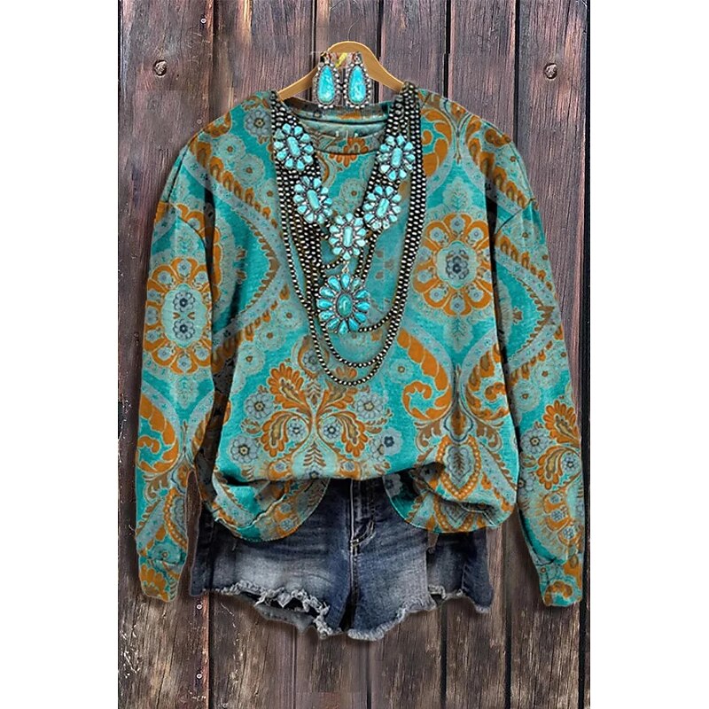 Women's Sweatshirt Vintage Fashion Ethnic Graphic Tie Dye Tribal Home Party Casual Round Neck Patchwork Print Long Sleeve Green Winter Fall & Winter - Main Image