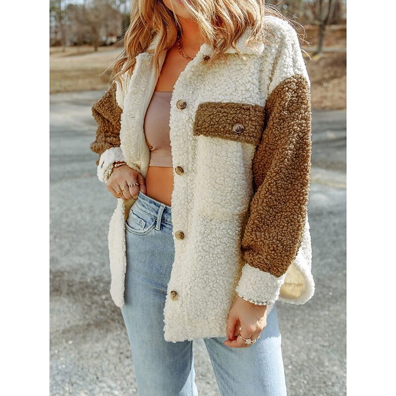 Women's Teddy Coat Hoodie Jacket Warm Breathable Pocket Fleece Lined Casual Plain Vacation Street Daily Wear Going out Single Breasted Regular Turndown Regular Fit Long Sleeve Outerwear Pink Brown4