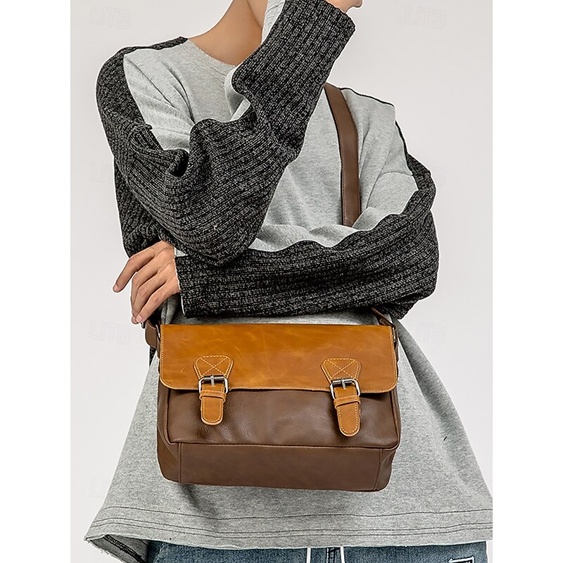 Men's Vintage Faux Leather Messenger Bag with Adjustable Strap – Durable Two-Tone Design for Work and Casual Use2