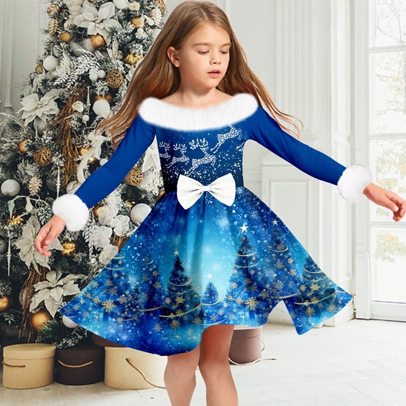 Christmas Girls' 3D Snowflake Christmas Dress Dress Snowflake Dress Long Sleeve 3D Print Fall Winter Sports & Outdoor Daily Holiday Cute Casual Beautiful Kids 3-12 Years Casual Dress Swing Dress A2