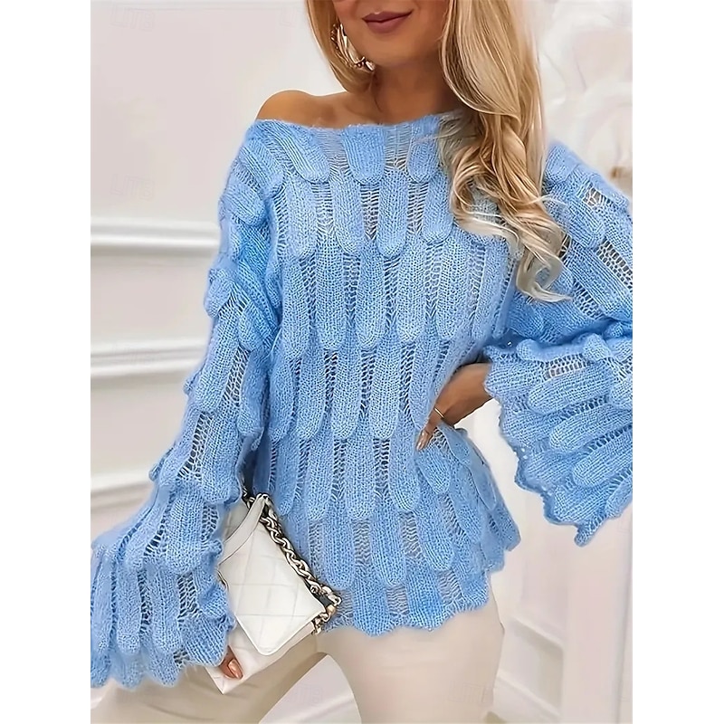 Women's Sweater Casual Soft Pure Color Ribbed Crew Neck Knitted Long Sleeve Regular Tops Knit Outdoor Daily Weekend Blue Fall Winter4