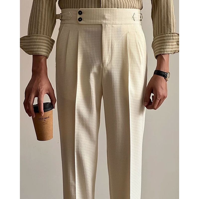 Men's Waffle Graduation Dress Pants Naples Trousers Trousers Buttons Pocket Solid Colored Comfort Formal Party Work Fashion Classic Style Black White Micro-elastic