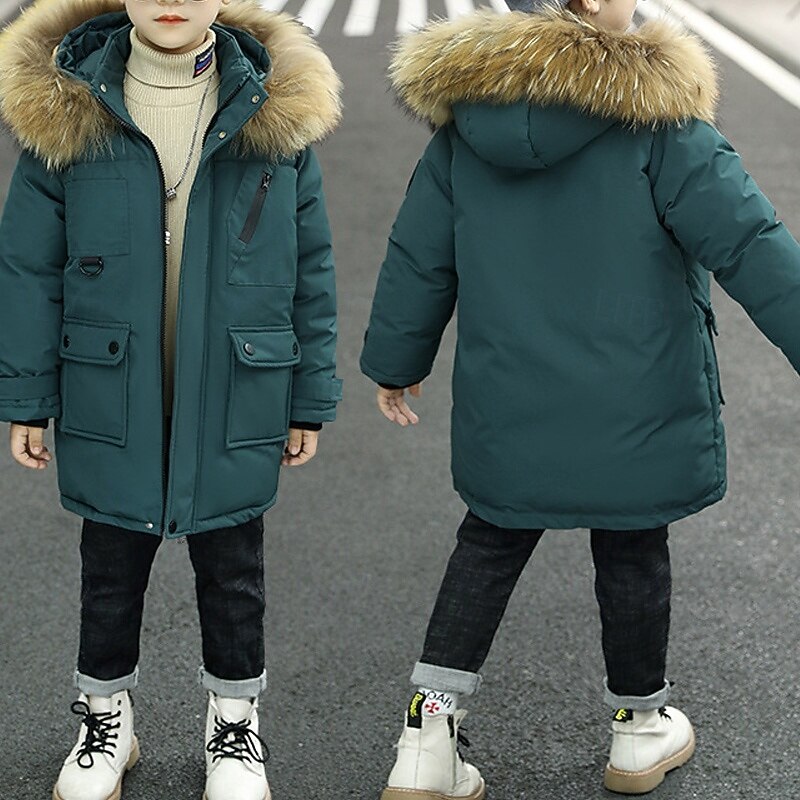 Kids Boys' Hoodie Jacket Puffer Jacket Outerwear Solid Color Long Sleeve Pocket Coat Outdoor Daily Basic Black Blue Green Fall Winter 4 years+2