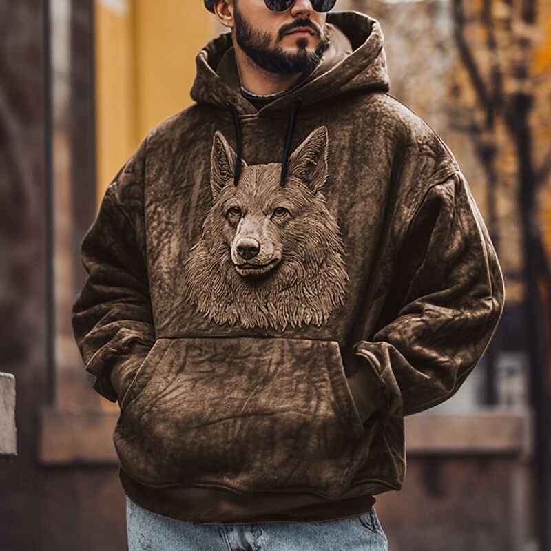 Men's Wolf Hoodies Sweatshirt Fashion Cool Long Sleeve Crew Neck Party Holiday Streetwear Black Brown Drawstring Fall Winter Designer