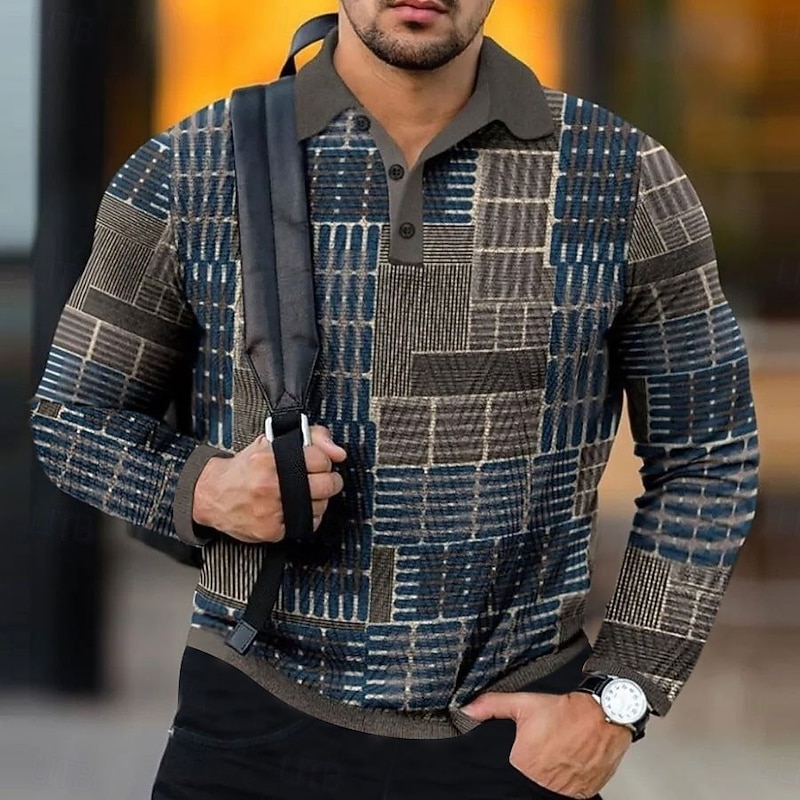 Men's Plaid Waffle Polo Shirts Golf Shirt Long Sleeve Polo Shirts Collared Shirts Vintage Casual Vacation Wear Formal Wear Festival Wear Buttons 3D Print Black Blue Brown2
