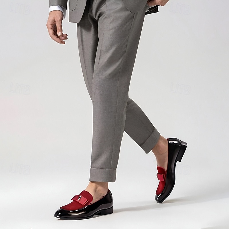 Men's Premium Cowhide Loafers with Red Suede Accent and Bow Detail – Luxury Formal Slip-On Dress Shoes2
