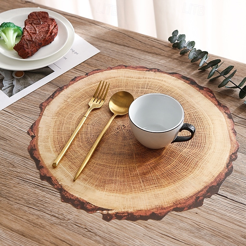 Waterproof Ring of Tree 3D Trunk Wooden Placemats Set Of 4 Farmhouse Forest Theme Dining Table Decoration Pad For Home, Hotel, Party, PP Material Rustic Wood Grain Heat Insulation Mat