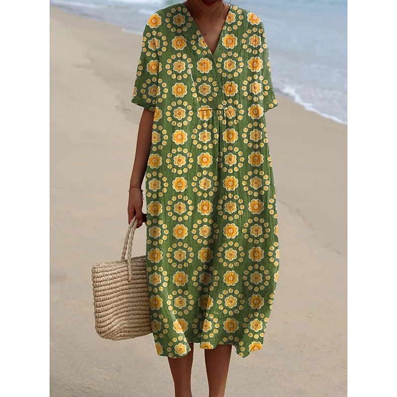 Women's Maxi Dress Linen-Inspired Dresses Casual Dress Cotton Linen Dress Swing Dress Casual Daily Regular Fit Floral Half Sleeve V Neck Green Summer Spring Fall