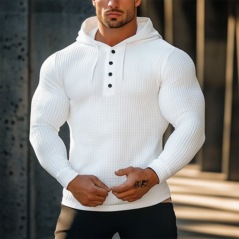 Men's Waffle Shirt T Shirt Tee Top Long Sleeve Shirt Long Sleeve Hooded Spring &  Fall Plain Fashion Designer Buttons Vacation Street Going out White khaki Grey Top Tee for Men