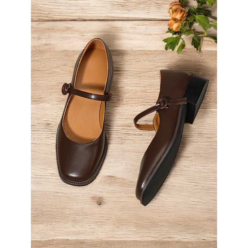Women's Brown Mary Jane Flats with Adjustable Strap - Classic Round Toe Casual Shoes for Daily Wear