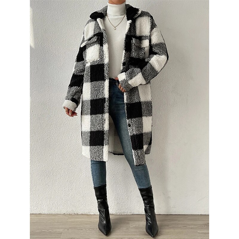 Women's Fleece Jacket Teddy Coat Warm Breathable Pocket Fleece Lined Casual Plaid Vacation Street Daily Wear Going out Single Breasted Long Turndown Regular Fit Long Sleeve Outerwear Black Blue4