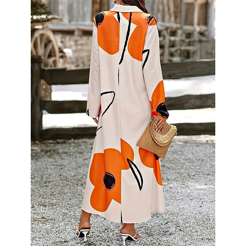 Women's Floral Shirt Collar Maxi Dress Long Sleeve Spring Fall3