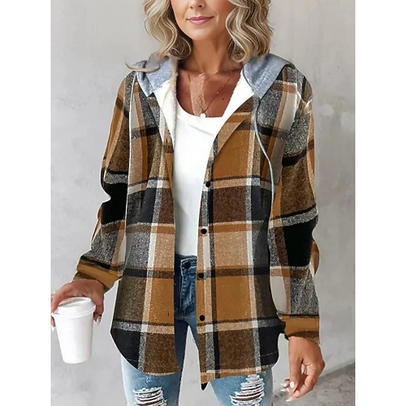 Women's Blazer Work Buttons Plaid Breathable Vintage Regular Fit Outerwear Long Sleeve Fall Wine S