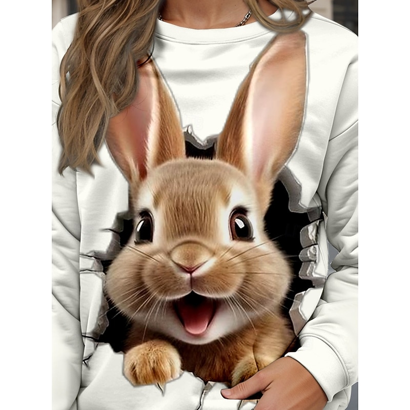 Women's Sweatshirt Casual Rabbit Street Dailywear Crew Neck Print Long Sleeve White Fall Winter3