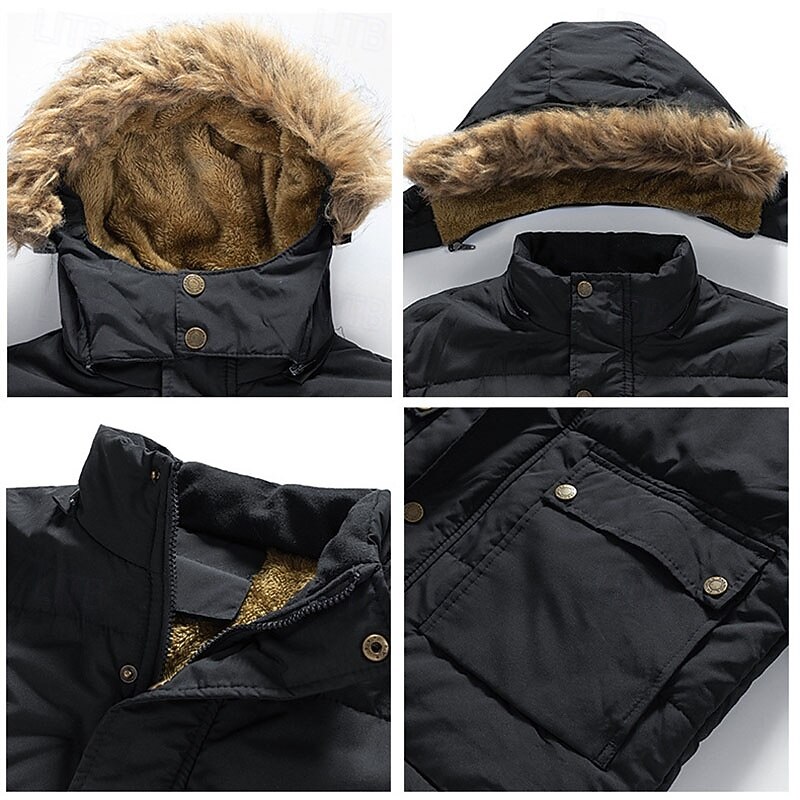 Men's Winter Coat Puffer Jacket Fleece Jacket Padded Jacket Pocket Polyster Vacation Daily Wear Date Regular Fashion Casual Comfortable Thermal Warm Fall & Winter Solid / Plain Color Black Dark Blue2