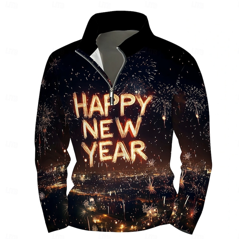 New Year Men's Graphic Happy New Year Hoodies Daily Casual Long Sleeve Stand Collar Vacation New Year Going out Black Print Winter Spring &  Fall Designer2