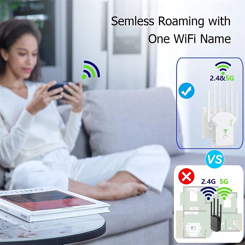 1200Mbps WiFi Repeater Wireless WiFi Signal Repeater Dual-Band 2.4G 5G Network Amplifier WPS Router3