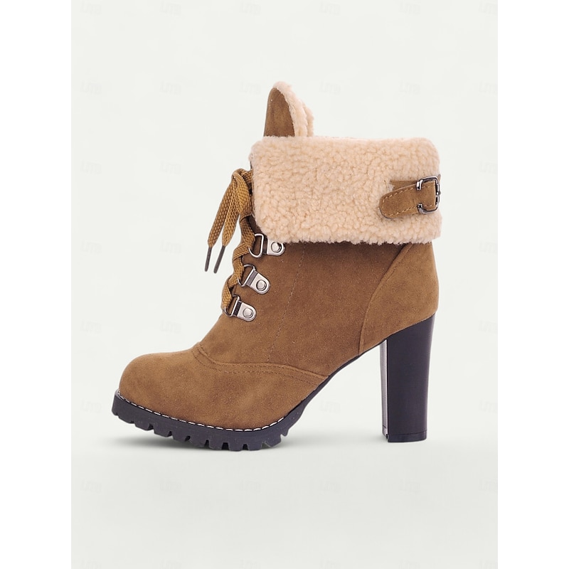 Women's Faux Suede High Heel Winter Boots – Fur-Lined Lace-Up Boots with Chunky Heel for Snow and Cold Weather4