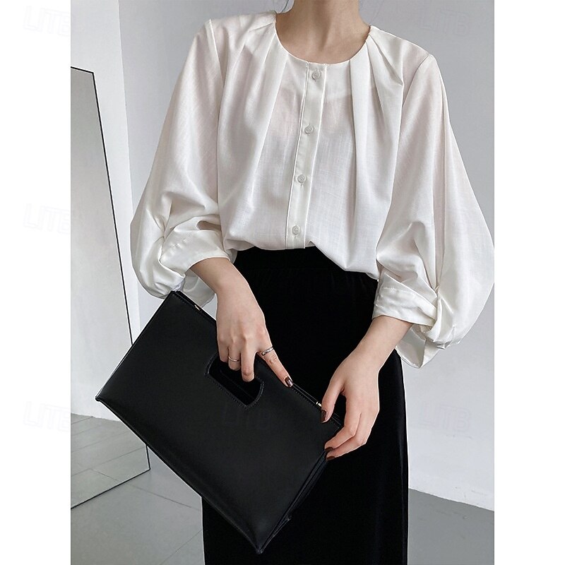 Women's Shirt Cotton Linen Shirt Daily Ladies Long Sleeve Lantern Sleeve Crew Neck White Green Gray Spring &  Fall