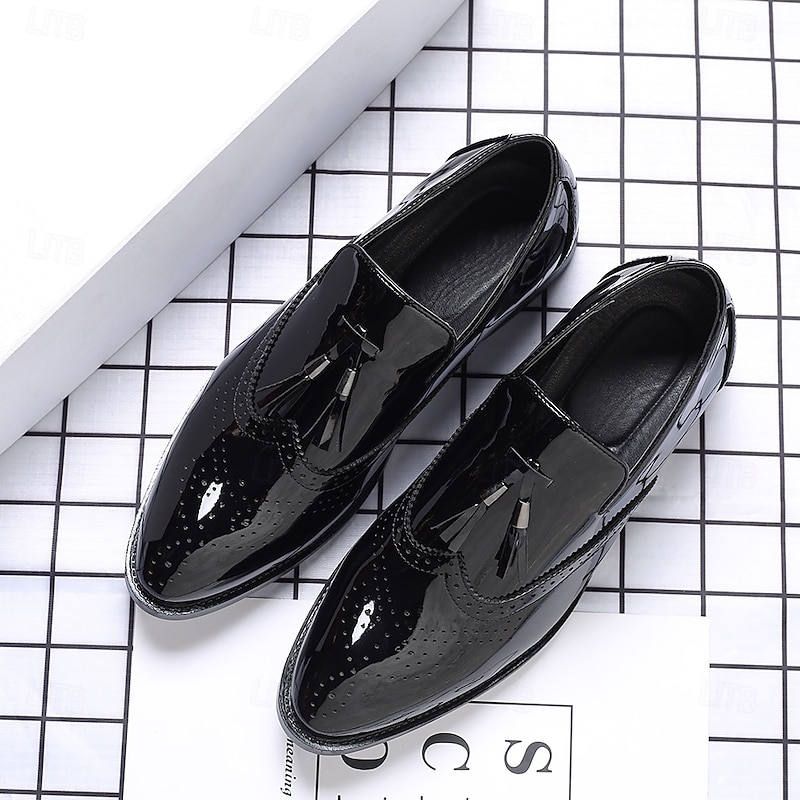 Men's Black Patent Leather Tassel Loafers – Sleek Formal Dress Shoes with Brogue Detailing2