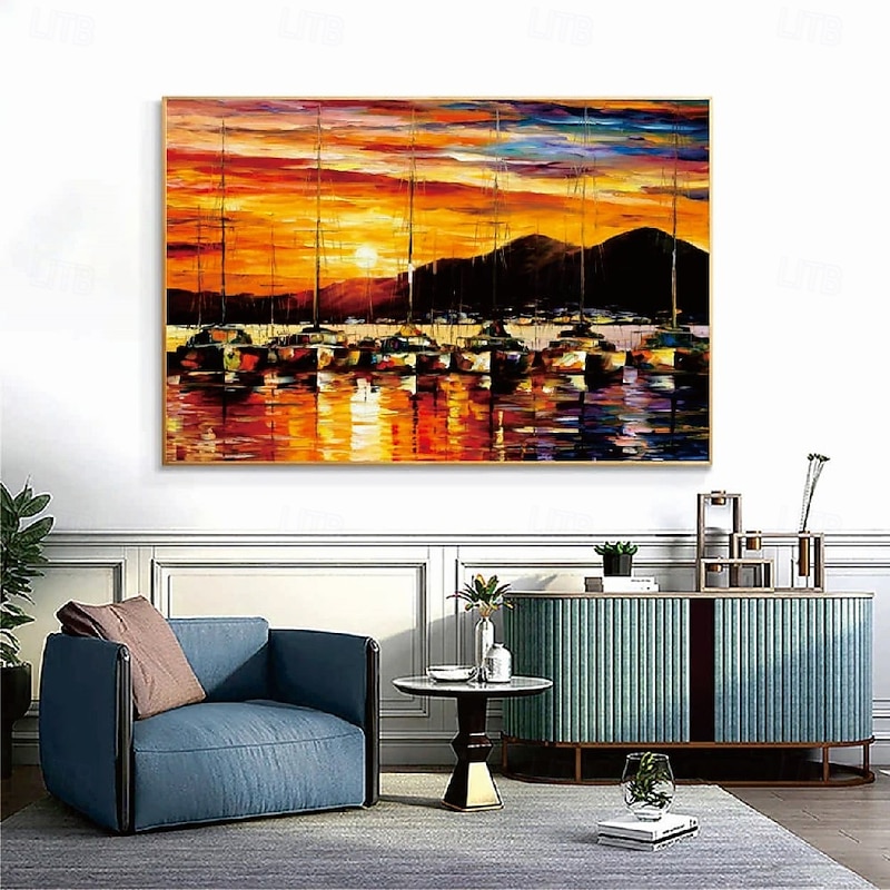 100% Hand painted Sunset  boat Oil Painting Cloud Sea Hanging Painting Sunset Orange Sailing Ship Sea Oil Painting Blue Ocean Waves  Boat Wall Art Seascape Canvas Painting Colorful Sunset painting4
