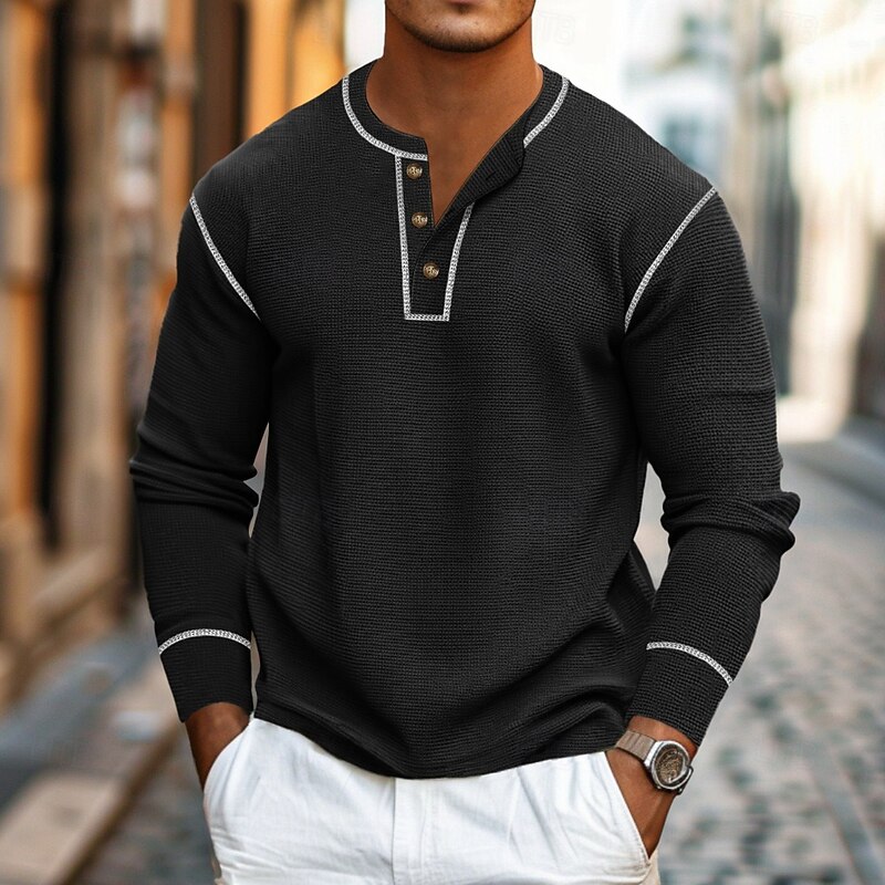 Men's Waffle Tee T shirt Waffle Henley Shirt Tee Top Long Sleeve Shirt Solid Color Henley Outdoor Street Long Sleeve Buttons Color Block Clothing Apparel Daily Casual Street Style