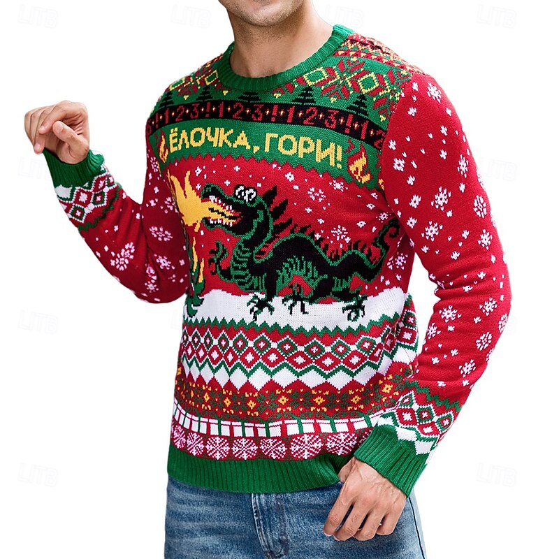 Men's Jacquard Sweater Ugly Christmas Sweater Sweater Pullover Sweater Jumper Xmas Sweater Knit Dragon Crew Neck Christmas Knitwear Party Christmas Clothing Apparel Winter Spring &  Fall Red S M L2