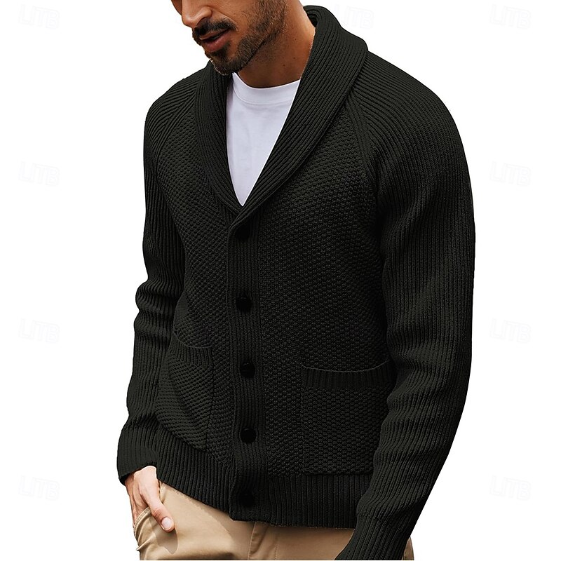 Male Cardigan Cable Knit Regular Knitting Solid / Plain Color Shawl Collar New Year's events Clothing Apparel Winter Autumn / Fall Black Blue S M L3