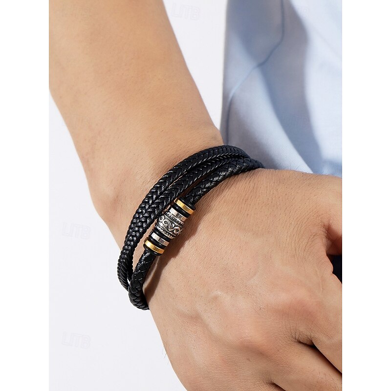 Men's Braided Leather Bracelet with Metal Bead Accents – Stylish Double-Layer Black Bracelet with Magnetic Clasp3