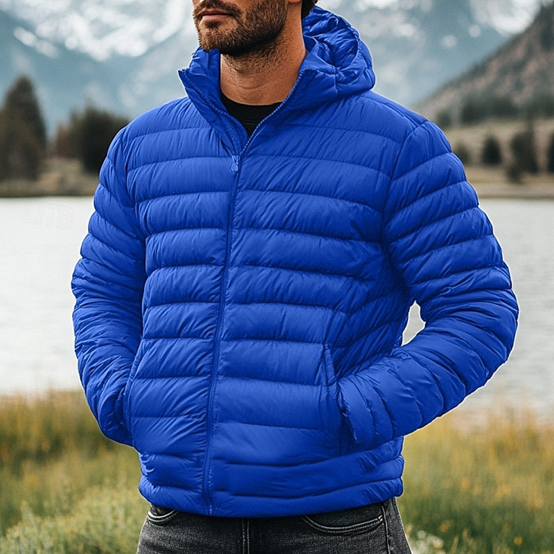 Men's Winter Coat Down Jacket Puffer Jacket Zipper Pocket Outdoor Home Work Regular Classic Thermal Warm Windproof Breathable Winter Autumn / Fall Solid Color Wine Matte Black Royal Blue Blue Puffer