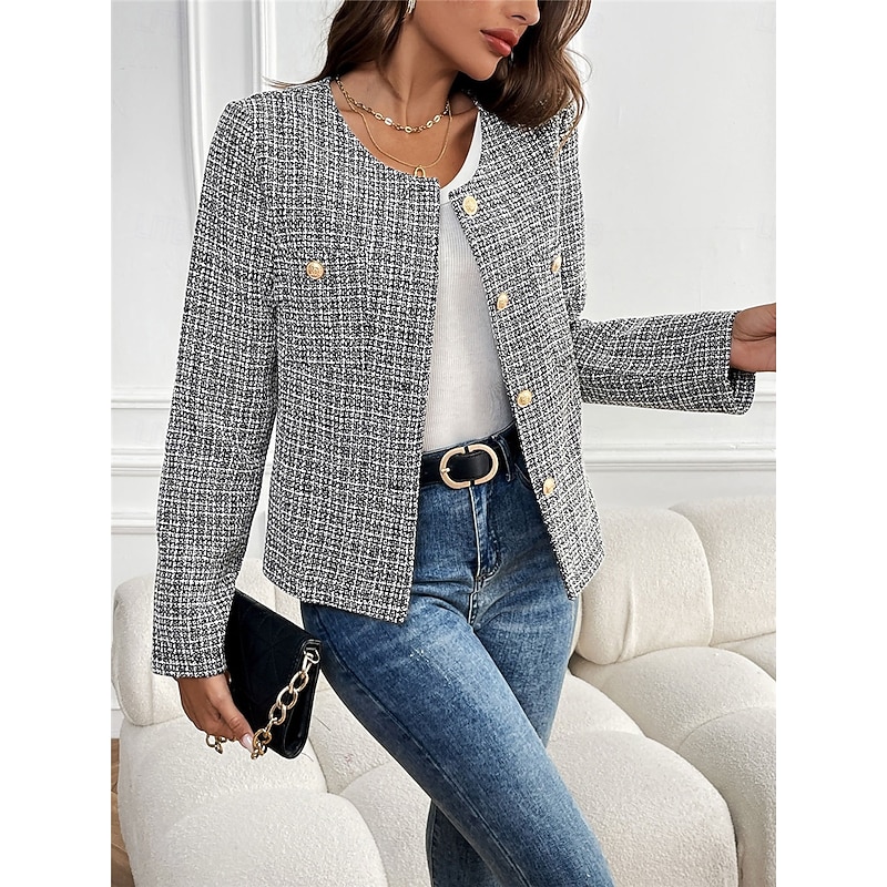 Women's Casual Jacket Warm Breathable Buttons Casual Plaid Vacation Street Daily Wear Going out Single Breasted Short Crewneck Regular Fit Long Sleeve Outerwear Black Fall Winter 5