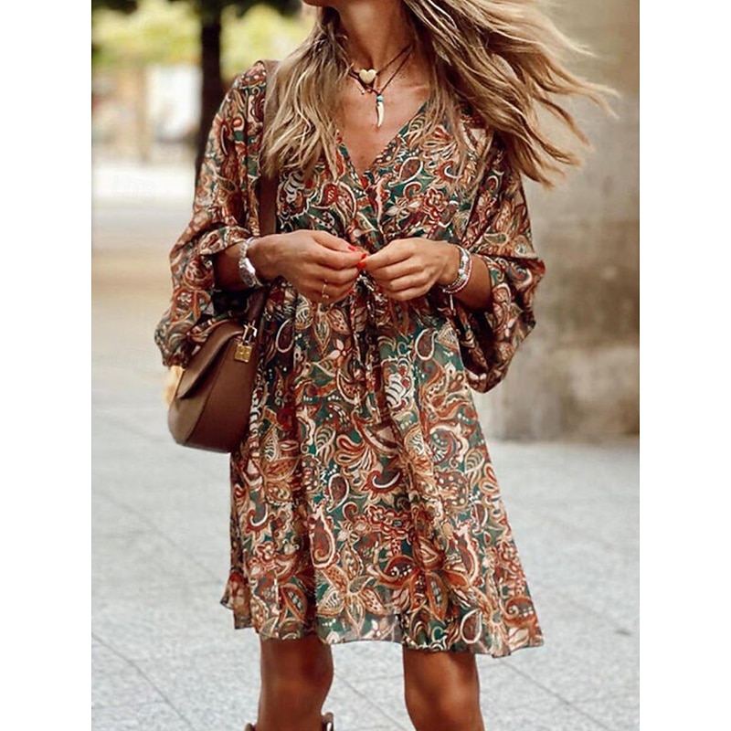 Women's Mini Dress Casual Dress A Line Dress Boho Dress Vintage Ethnic Casual Daily Regular Fit Floral Long Sleeve V Neck Brown Summer Spring Fall2