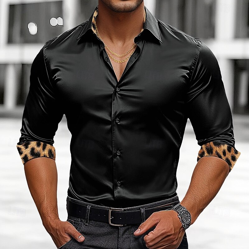 Men's Shirt Satin Shirt Casual Shirt Button Up Shirt Leopard Wedding Vacation Black White Wine Green Long Sleeve Lapel Spring &  Fall Clothing Apparel Patchwork
