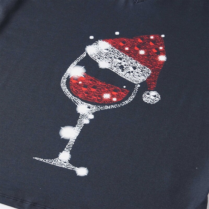 Women's Blouse V-Neck Print Santa Hat Wine Glasses Holiday Tee Black Festive Casual Party Top Comfortable3