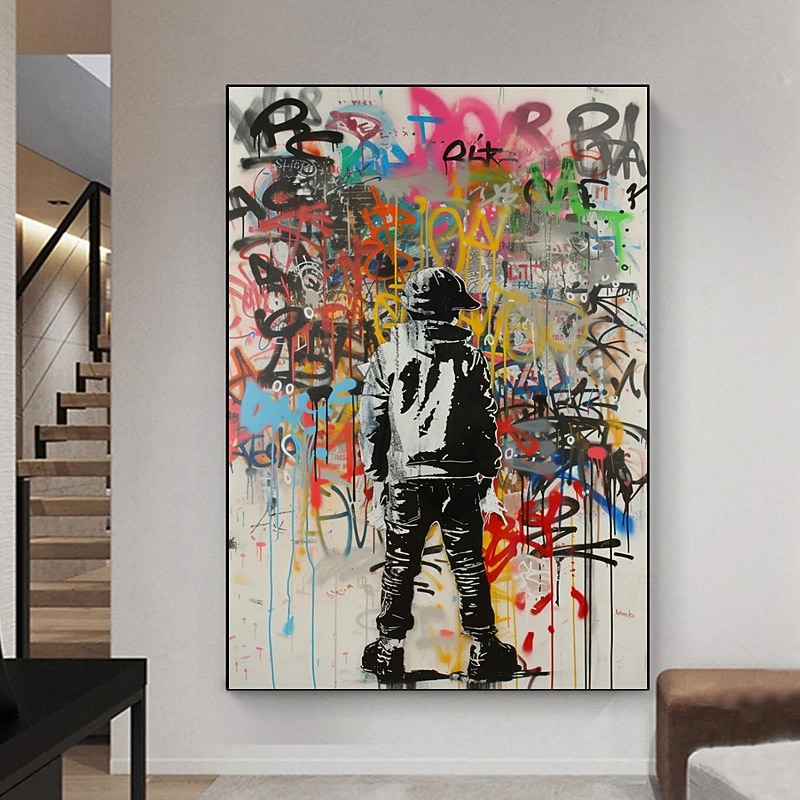 Banksy Wall Art Hand painted Graffiti Oil Painting Modern Unique Home Wall Decor Street Canvas Art Banksy Graffiti Wall Art Rolled Canvas (No Frame)