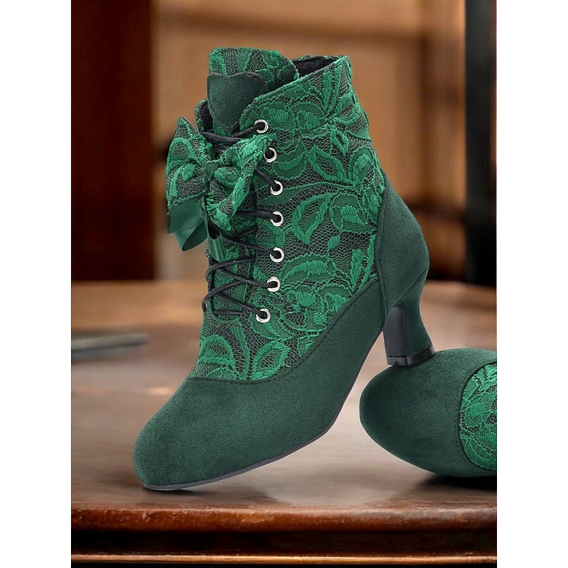 Women's Burgundy Victorian Lace-Up Ankle Boots with Floral Lace Design and Mid-Heel – Elegant Retro Style for Formal and Casual Occasions3