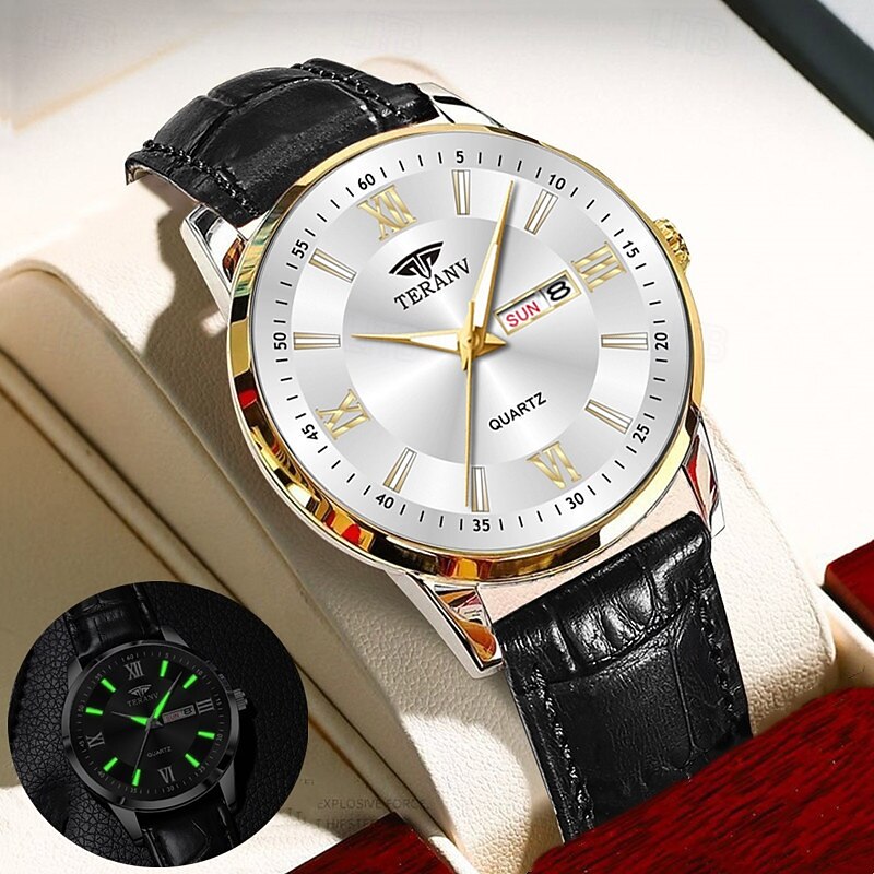 1 New Fashion Trend Men'S Business Quartz Watch Calendar Week Display Life Travel Luminous Leisure Sports Men'S Wristwatch Gift Gift Ideal Choice