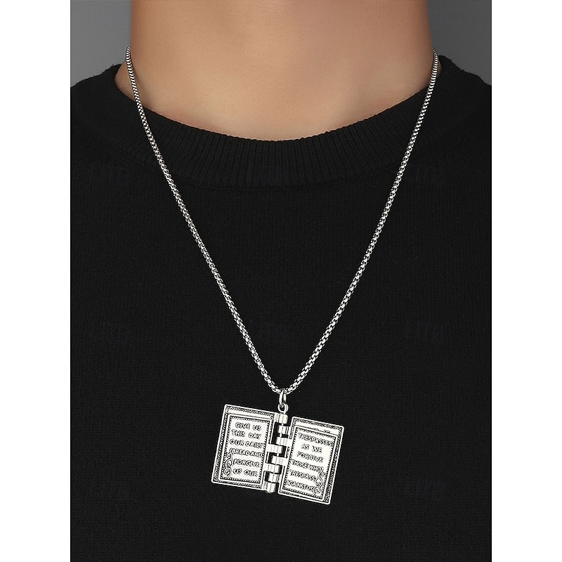 Men's Bible Pendant Necklace - Silver Religious Jewelry with Cross Detail, Christian Faith Accessory for Daily Wear and Special Occasions2