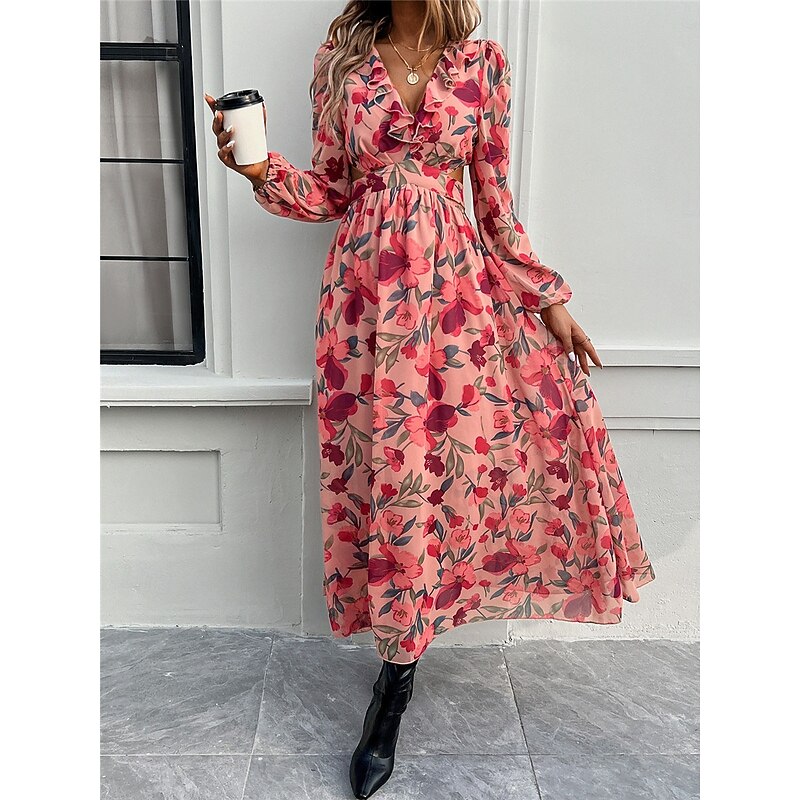 Women's Floral V Neck Maxi Dress Long Sleeve Summer Spring4