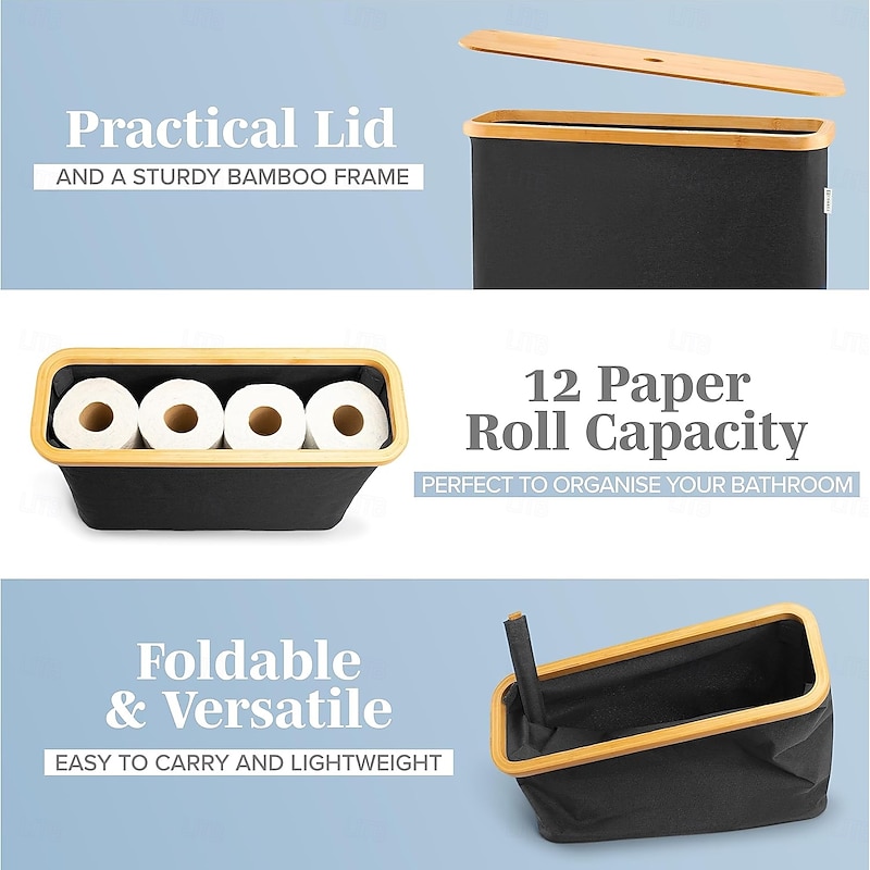 Toilet Paper Storage for 12 Rolls, Stackable & Foldable - The Ultimate Bathroom Organizer - Waterproof Basket with Bamboo Lid - Elegant Toilet Paper Storage Holder3