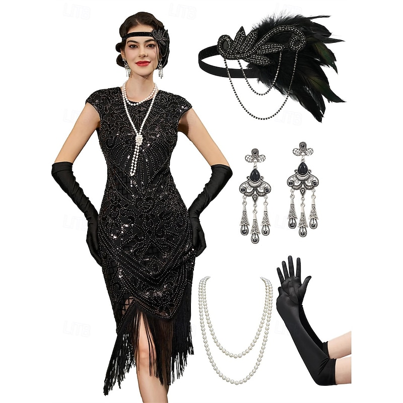 1920s Cocktail Dress Vintage Dress Midi Flapper Dress Outfits Cocktail Dress The Great Gatsby Flapper Girl Wedding Guest Sequins Feather Fringe Fancy Dress Women's Carnival Costume 7 PCS Christmas