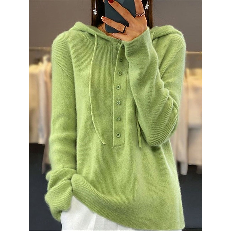 Women's Sweater Casual Soft Pure Color Ribbed Hooded Buttons Knitted Long Sleeve Regular Tops Knit Outdoor Daily Weekend Pink Brown Fall Winter